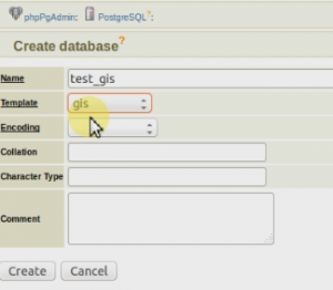 create database and choose template gis for postgis